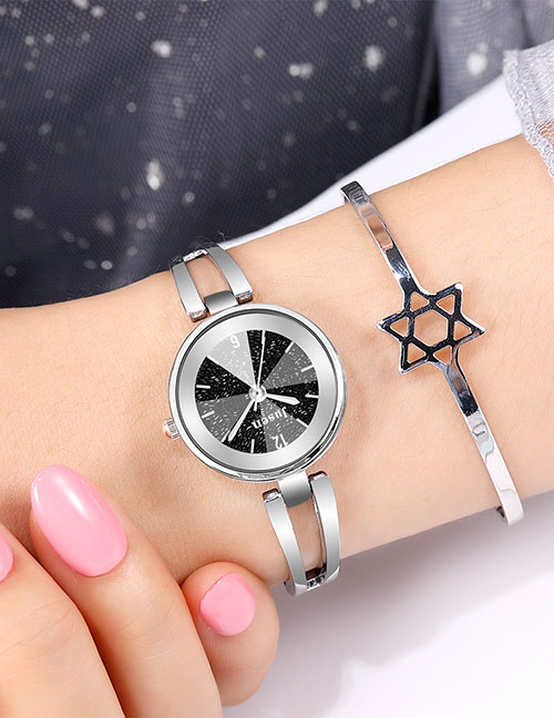 Fashion Silver With Black Face Water-cut Bright Bracelet Hollow Quartz Watch