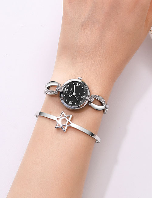Fashion Silver With Black Face Quartz Watch With Brilliant Fine Bracelet And Diamonds