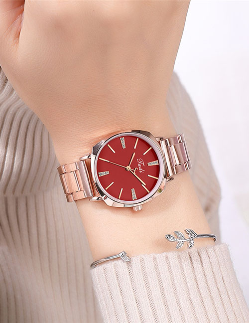 Fashion Red Quartz Watch With Alloy And Diamond Strap