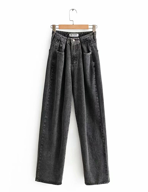 Fashion Dark Gray Washed Double Button Mopping Wide Leg Daddy Jeans