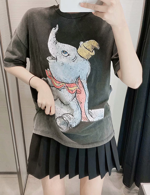 Fashion Gray Elephant Print Crew Neck T-shirt