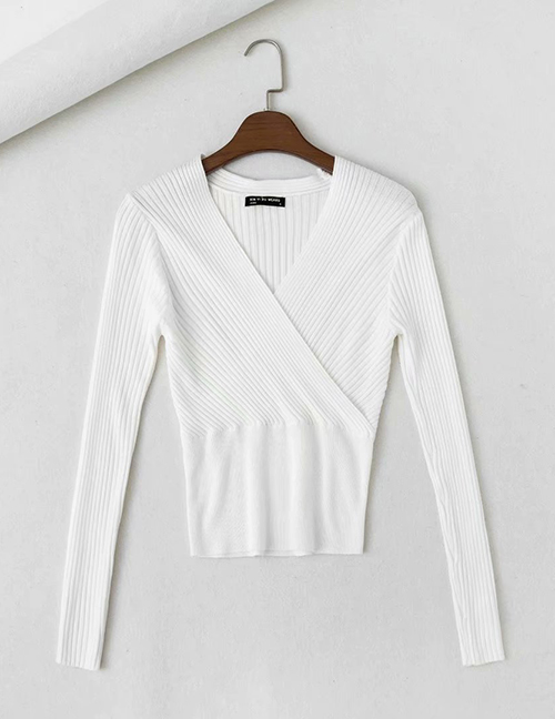 Fashion White Cross V-neck Patchwork Sweater Knit