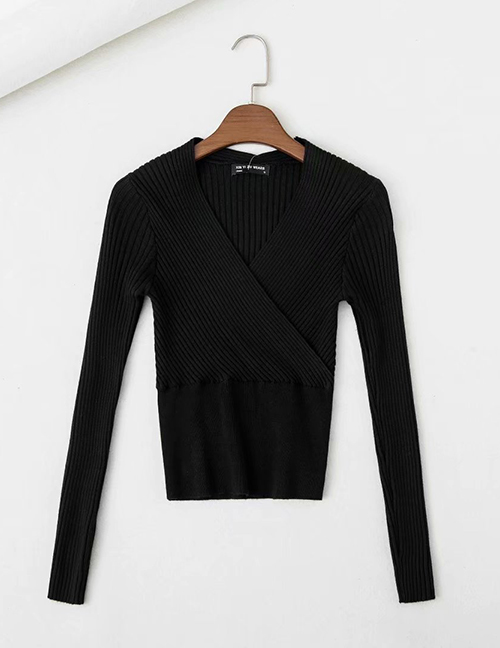 Fashion Black Cross V-neck Patchwork Sweater Knit