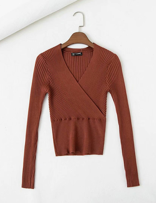 Fashion Caramel Colour Cross V-neck Patchwork Sweater Knit
