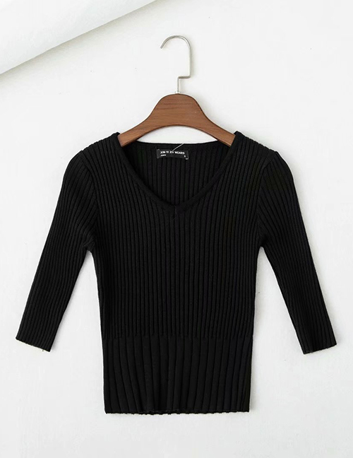 Fashion Black Short V-neck Pullover Sweater Sweater