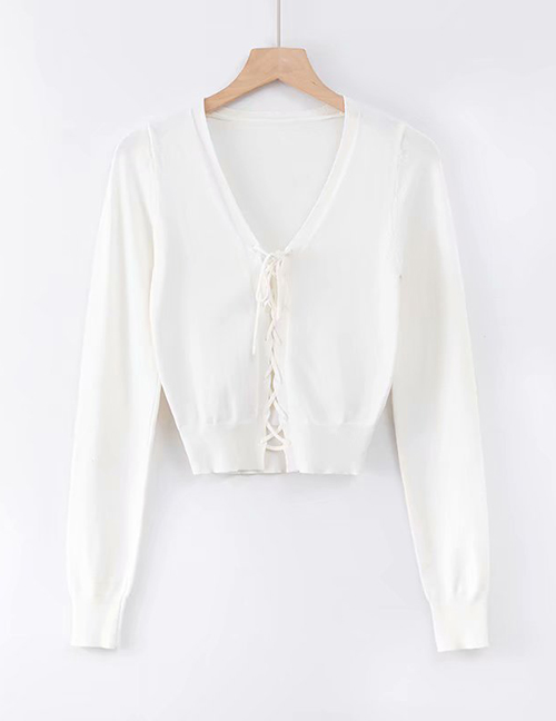 Fashion White V-neck Chest Tie Knit Bottoming Shirt