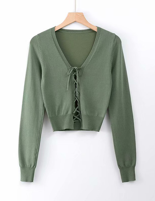 Fashion Army Green V-neck Chest Tie Knit Bottoming Shirt