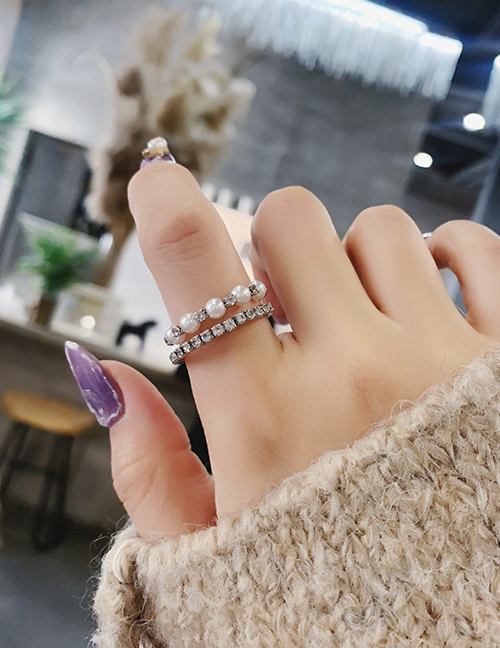 Fashion Silver Pearl Rhinestone Double Ring