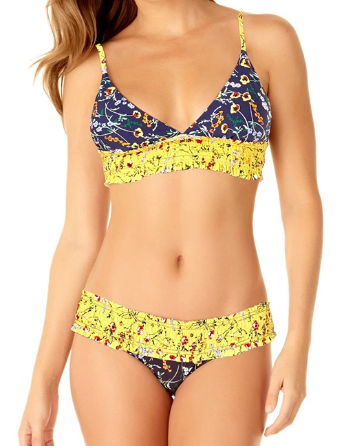 Fashion Yellow + Navy Printed Pleated Split Swimsuit