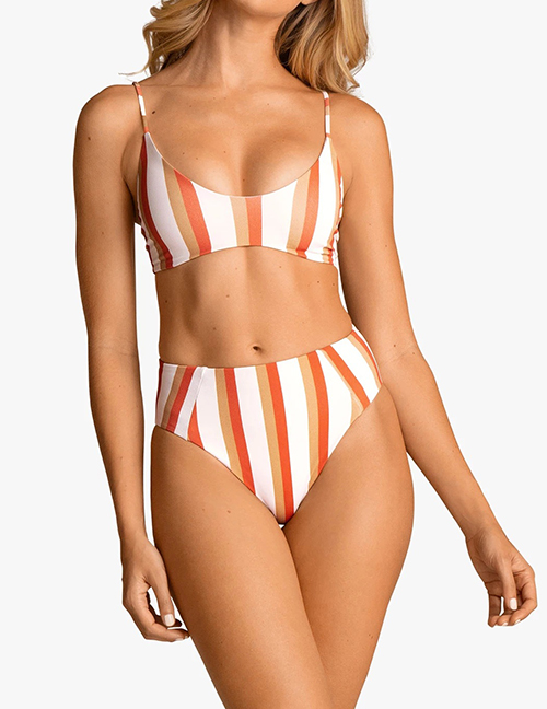 Fashion Tangerine Striped Diamond Print Split Swimsuit