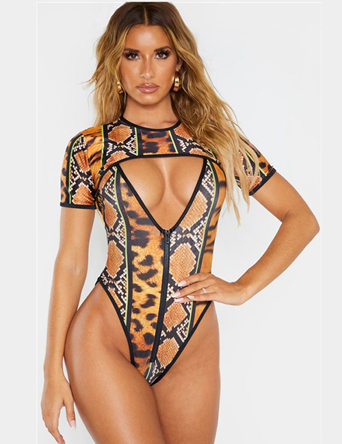 Fashion One-piece Two-piece Snake Pattern Printed Zip One-piece Swimsuit