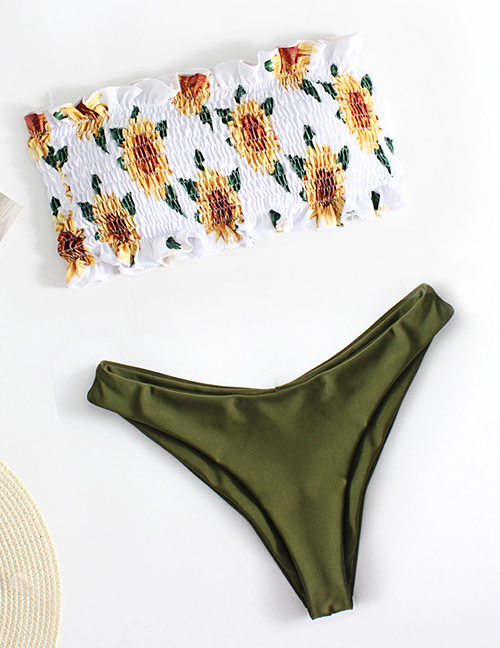 Fashion Army Green Pleated Tube Top Split Swimsuit
