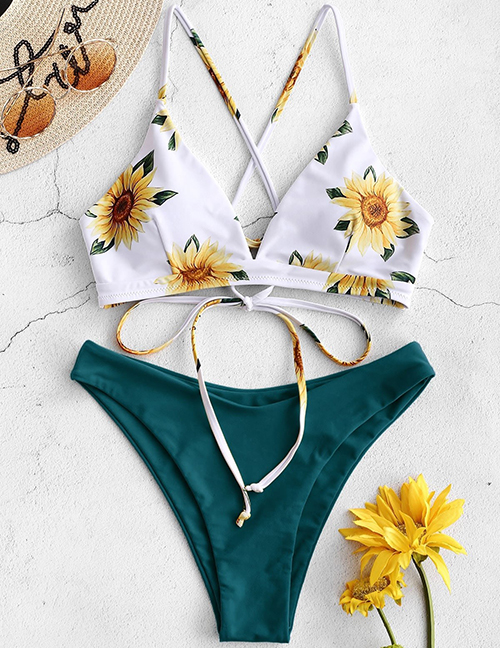 Fashion Dark Green Printed Lace Up Swimsuit