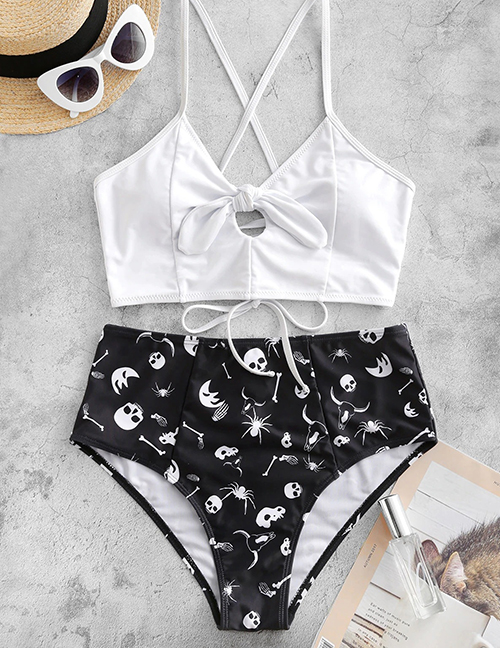 Fashion White + Black Rope Print Split Swimsuit