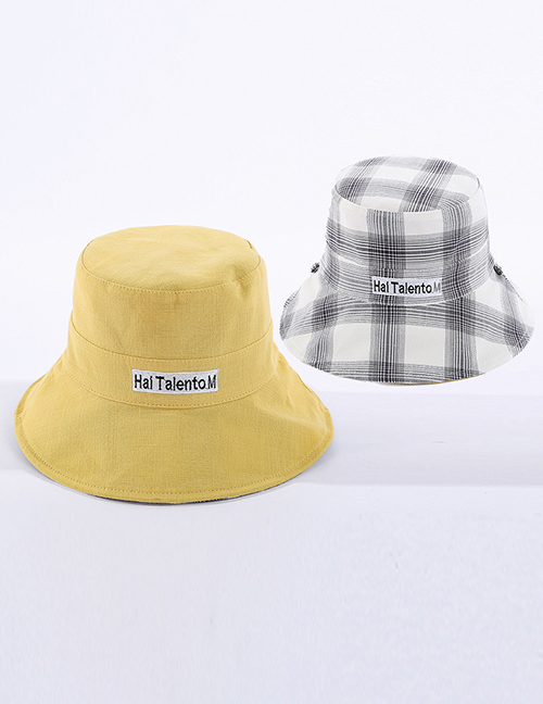 Fashion Yellow Lattice Letter Embroidered Double-sided Cotton Foldable Fisherman Hat