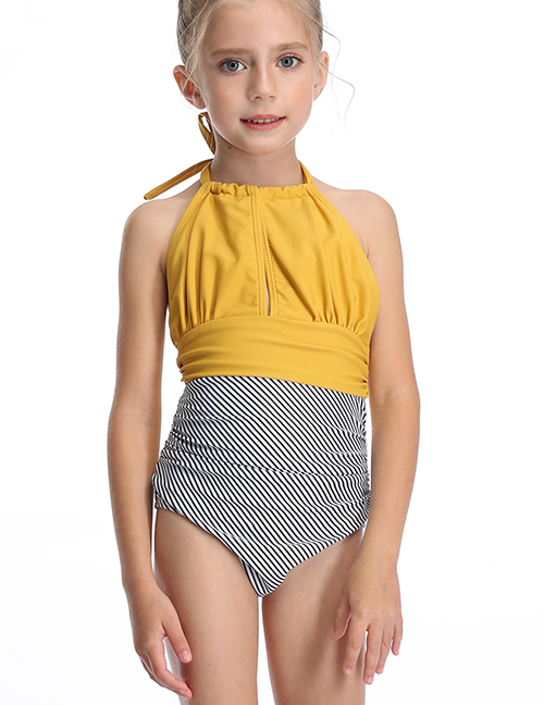 Fashion Yellow Halter Drawstring Stitching Pleated One-piece Swimsuit For Children