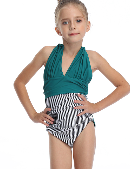 Fashion Green Halter Drawstring Stitching Pleated One-piece Swimsuit For Children