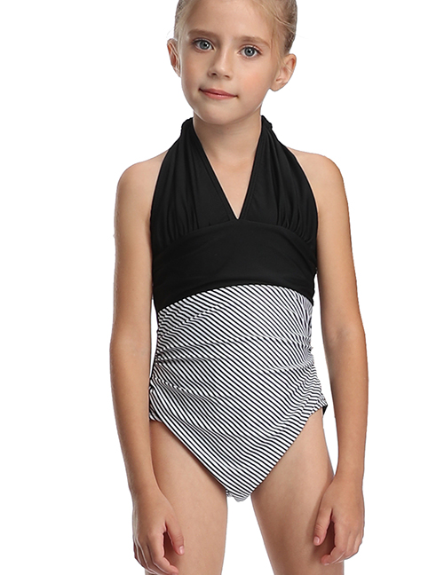Fashion Black Halter Drawstring Stitching Pleated One-piece Swimsuit For Children