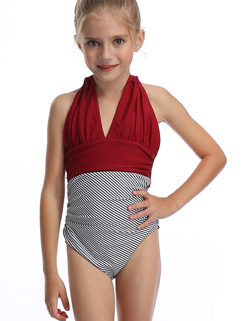 Fashion Red Wine Halter Drawstring Stitching Pleated One-piece Swimsuit For Children