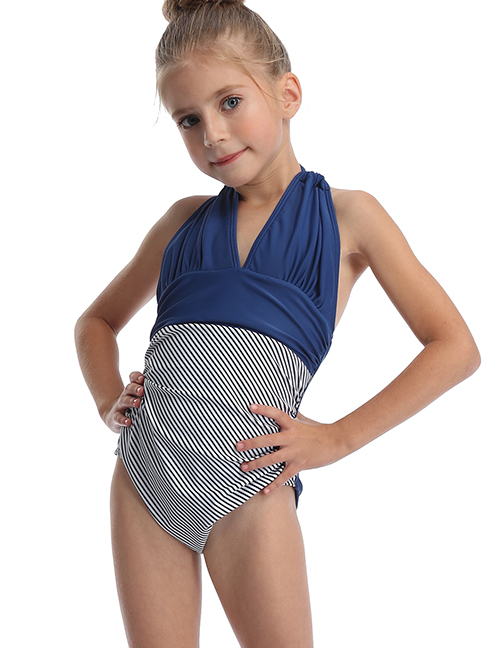 Fashion Dark Blue Halter Drawstring Stitching Pleated One-piece Swimsuit For Children