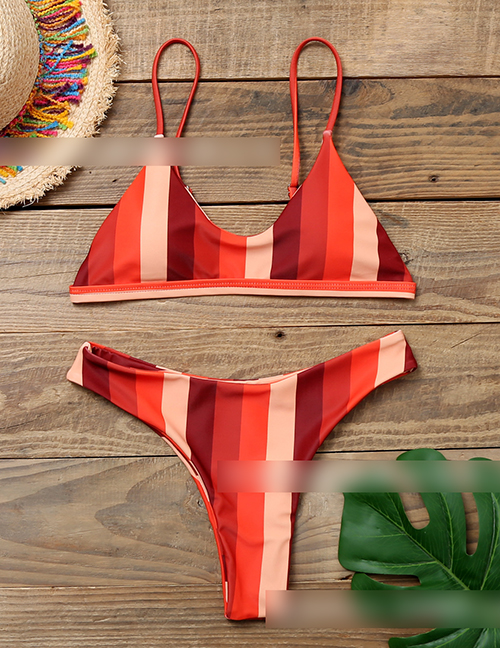 Fashion Red Stripe Reversible Printed Triangle Split Swimsuit