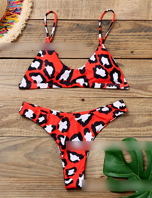 Fashion Leopard Print On Red Background Reversible Printed Triangle Split Swimsuit