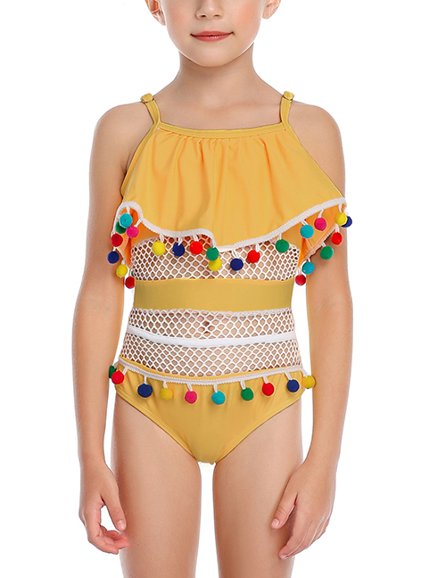 Fashion Yellow Mesh Stitching Lotus Leaf Fringed Fringed One-piece Swimsuit For Children