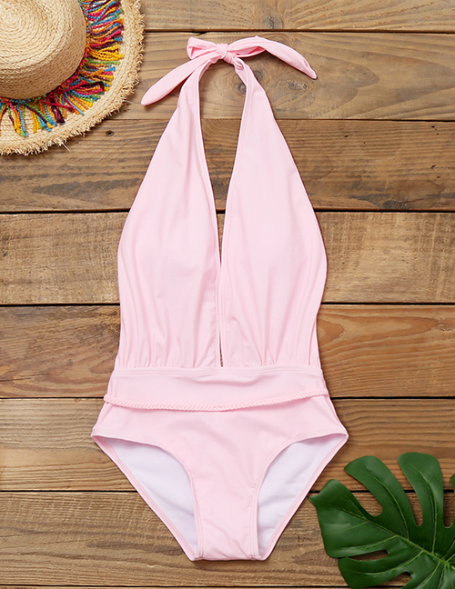 Fashion Pink Deep V Lace Up One Piece Swimsuit