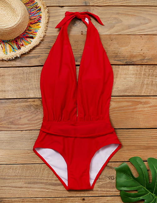 Fashion Red Deep V Lace Up One Piece Swimsuit