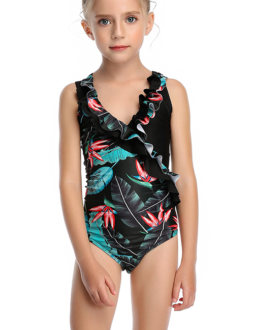Fashion Black V-neck One-piece Swimsuit With Flash Print And Stitching