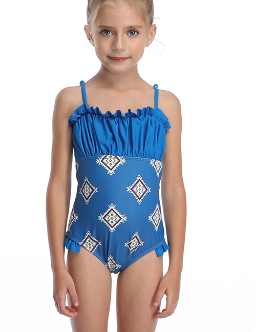 Fashion Royal Blue Printed Pleated Fungus Panel One Piece Swimsuit For Children