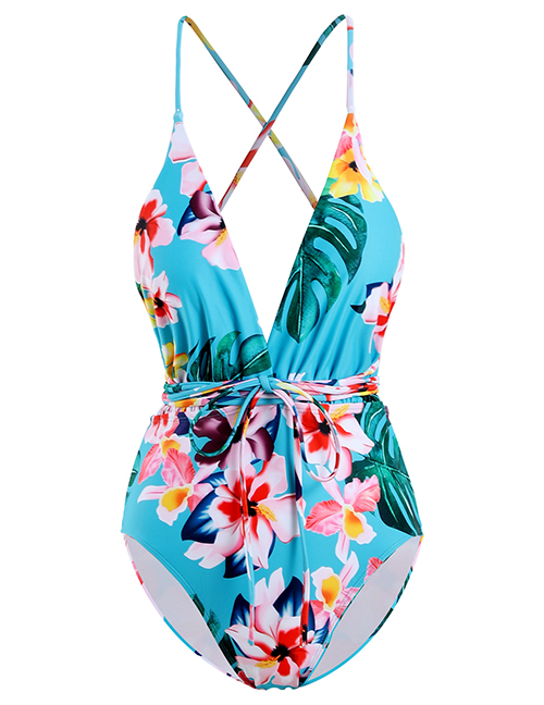 Fashion Blue Ground Pink Flower Printed Deep V Band One Piece Swimsuit