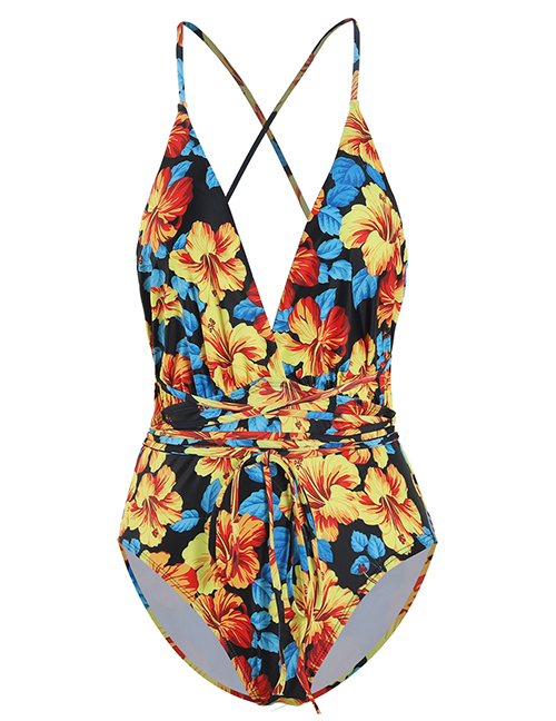 Fashion Yellow Flower On Black Printed Deep V Band One Piece Swimsuit