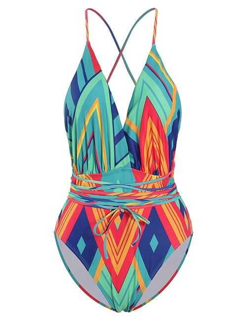 Fashion Color Geometric Print Printed Deep V Band One Piece Swimsuit