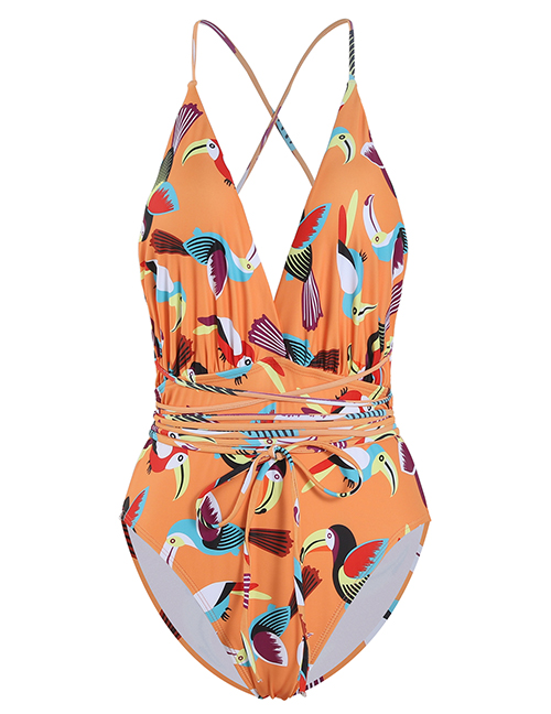 Fashion Orange Toucan Printed Deep V Band One Piece Swimsuit