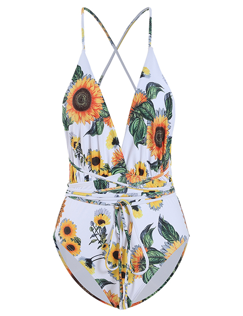 Fashion Sun Flower On White Printed Deep V Band One Piece Swimsuit