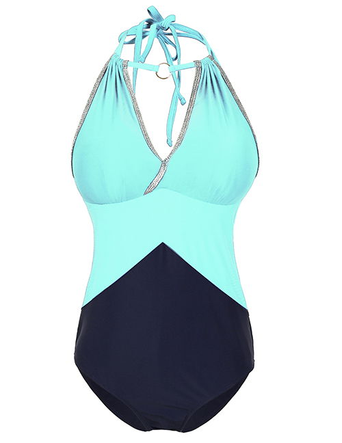 Fashion Sky Blue Mesh Stitching Halter Hollow One-piece Swimsuit