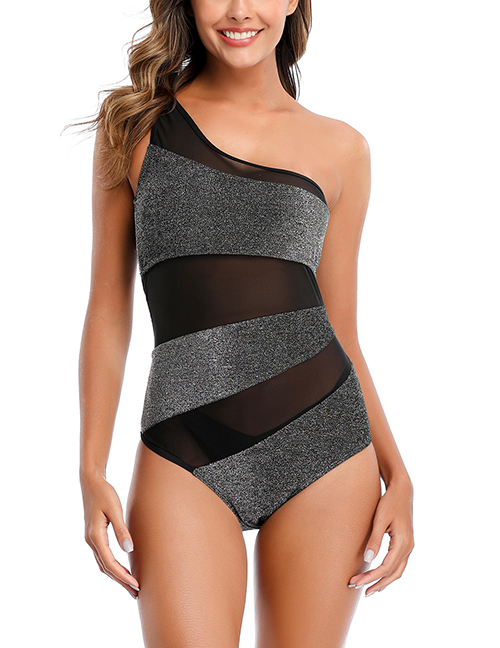 Fashion Silver Mesh Stitching One-shoulder Swimsuit