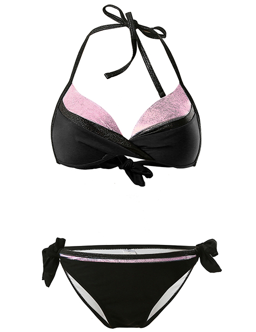 Fashion Black + Pink Hard Wrap Halter Small Pleated Strap Split Swimsuit
