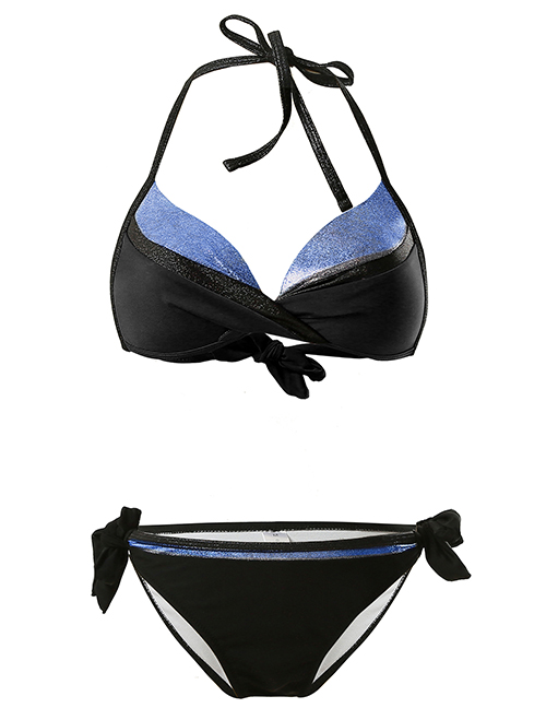 Fashion Black + Purple Hard Wrap Halter Small Pleated Strap Split Swimsuit