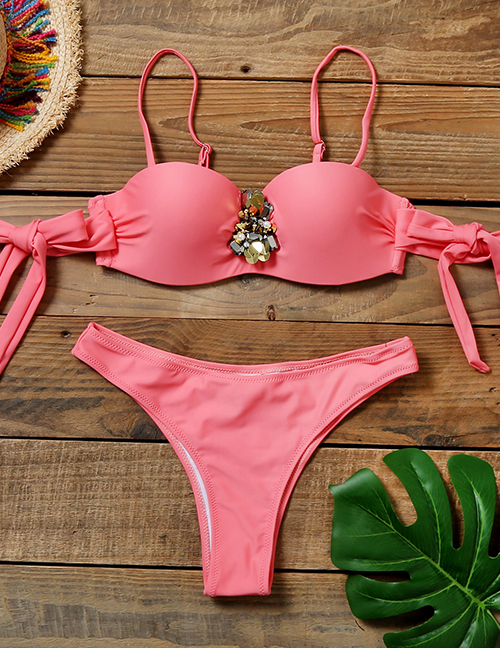 Fashion Pink Split Swimsuit With Diamond Straps