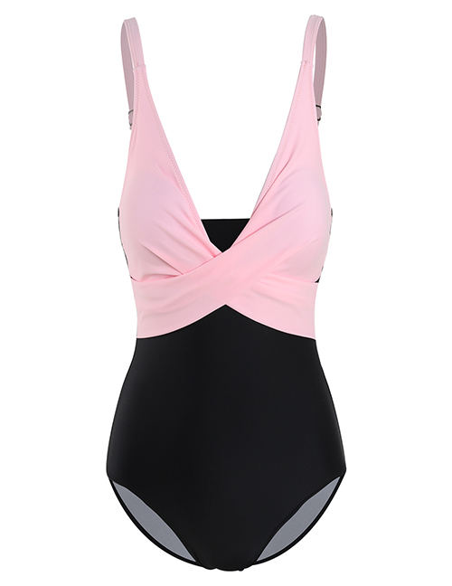 Fashion Pink + Black Deep V Lace Up Cross Panel One Piece Swimsuit