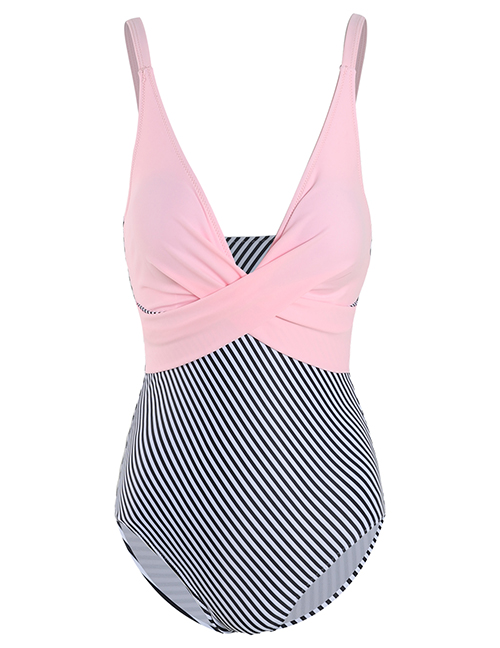Fashion Pink + Stripes Deep V Lace Up Cross Panel One Piece Swimsuit