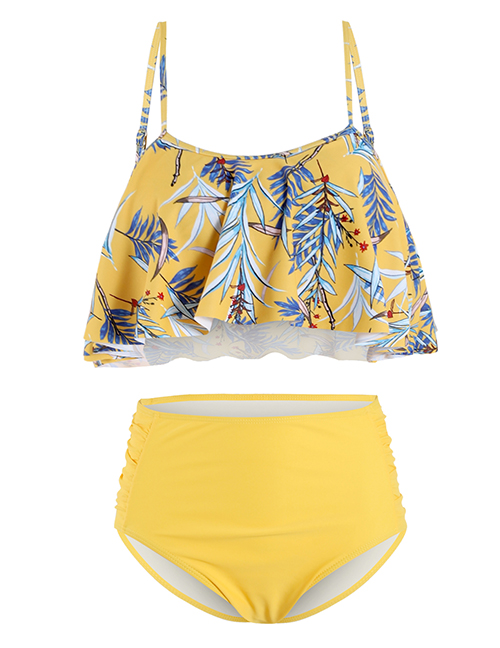 Fashion Yellow Ruffled Pleated High-waist Printed Split Swimsuit