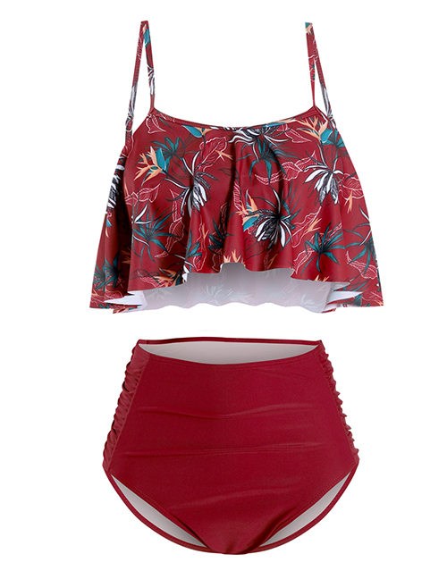 Fashion Red Ruffled Pleated High-waist Printed Split Swimsuit