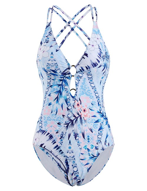 Fashion Blue Deep V-ring Hollow Cross Back One-piece Swimsuit