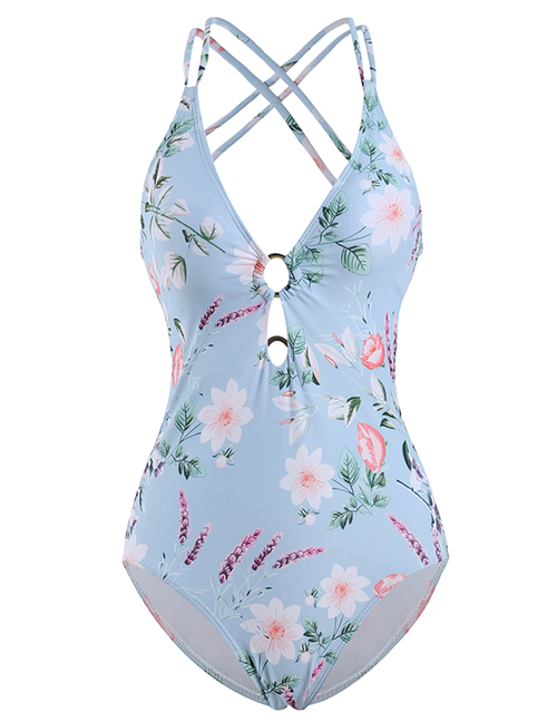 Fashion Light Blue Deep V-ring Hollow Cross Back One-piece Swimsuit