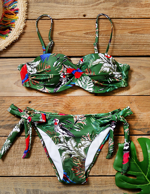 Fashion Green Hard Pack Printed Twist Strap Split Swimsuit