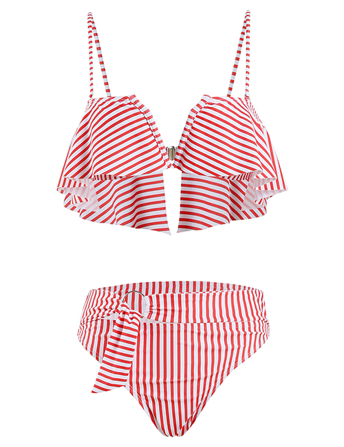 Fashion Pink Striped Underwire V-neck Ruffled Print Split Swimsuit