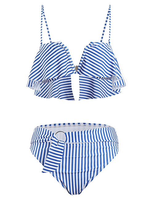 Fashion Blue Striped Underwire V-neck Ruffled Print Split Swimsuit